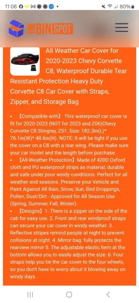 Sp-xb372 Bigacover 2020 2021 2022 2023 Chevy Corvette C8 Custom Fit Car Cover