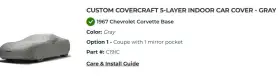 C191c Covercraft 5-layer Indoor Custom Fit Cover 1963-1967 Corvette Coupe With 1 Mirror