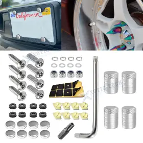 Th357s Xotic Tech #th357s #tv03s Anti Theft License Plate Silver Screw Cover Kit For Car Tag Frame Valve Stem Cap