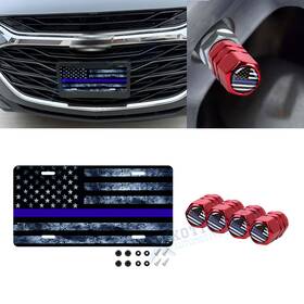 Xotic Tech #th359b #tv06bkb Distressed American Flag Front License Plate Valve Stem Cap Cover Universal Blue
