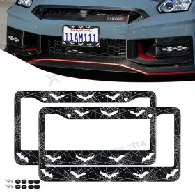 Th409 Xotic Tech #th409 2 2x Universal Fit Bat Spider Web Aluminum License Plate Frame Cover Decorate Gift