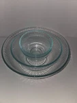 Set Of Pre Owned Pyrex Blue Tint Ribbed Mixing Bowls 7404 7403 7401 Used. Price: $17.99.